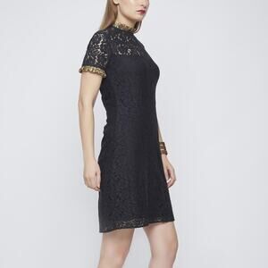 Samshek Short Sleeve Gold Ruffle Lace Overlay Dress Floral Black Multi size 8